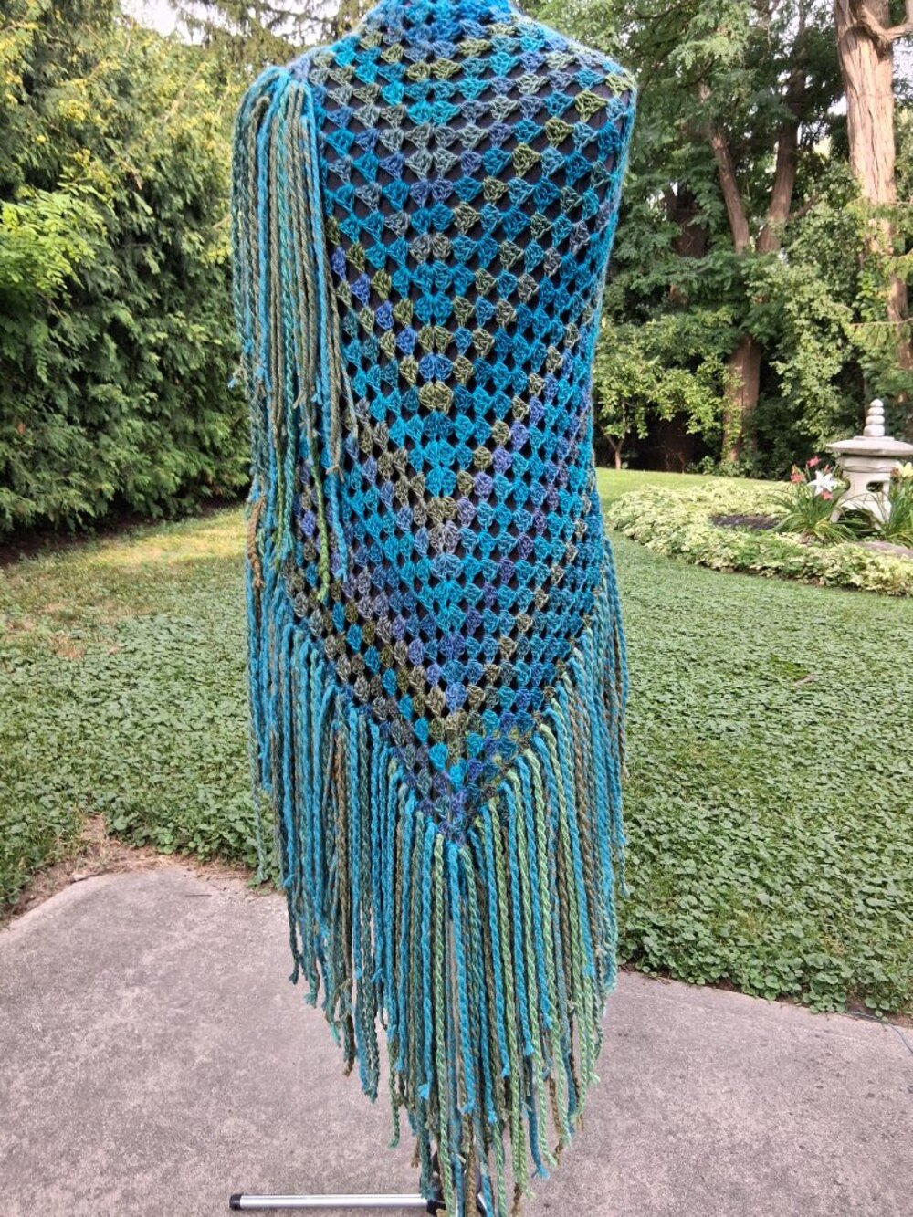 Boho Turquoise Blue and Green Full Thick Fringe Shawl Shrug - Picture 9 of 14